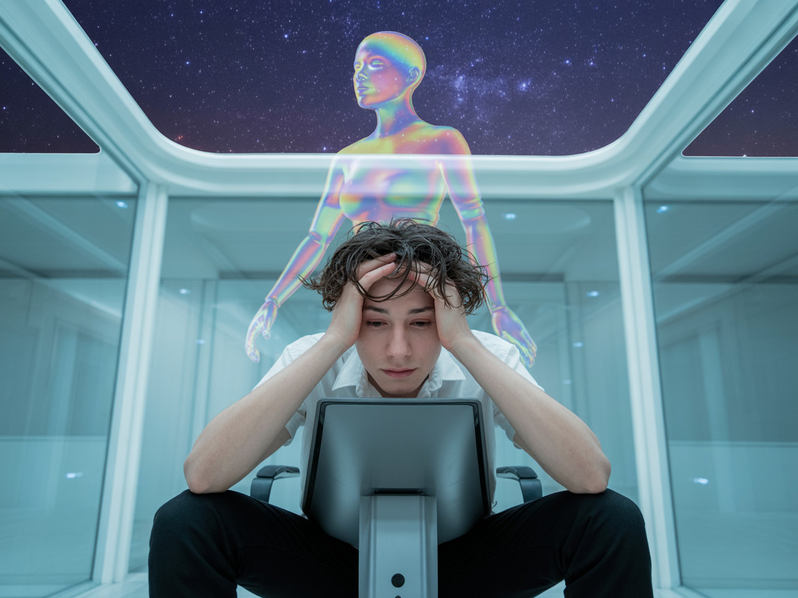 Young man in futuristic room with holographic figure