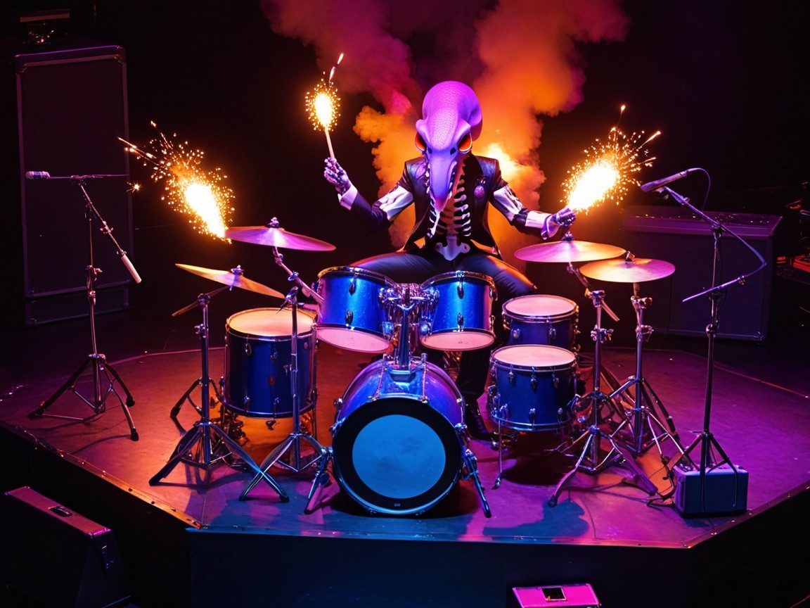 Vibrant Stage Scene with Drummer and Colorful Effects