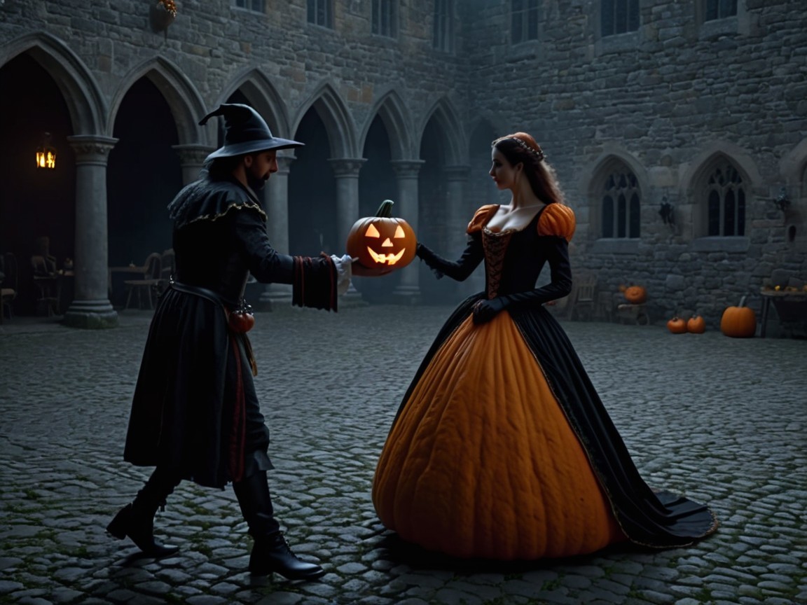 Medieval Courtyard with Wizard and Halloween Pumpkins