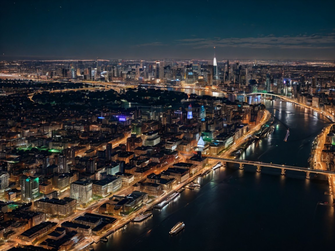 Aerial View of a Vibrant City Skyline at Night