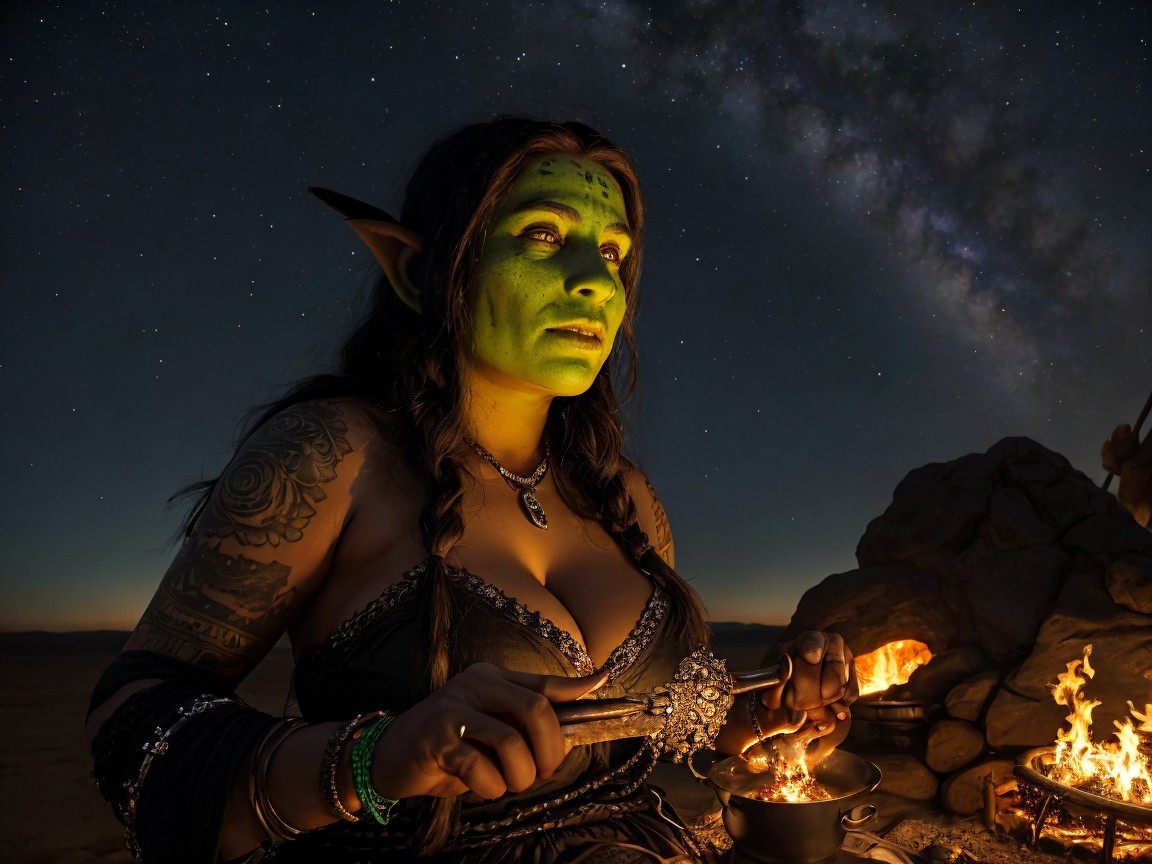 Mythical Green-Skinned Figure by Fire Under Stars