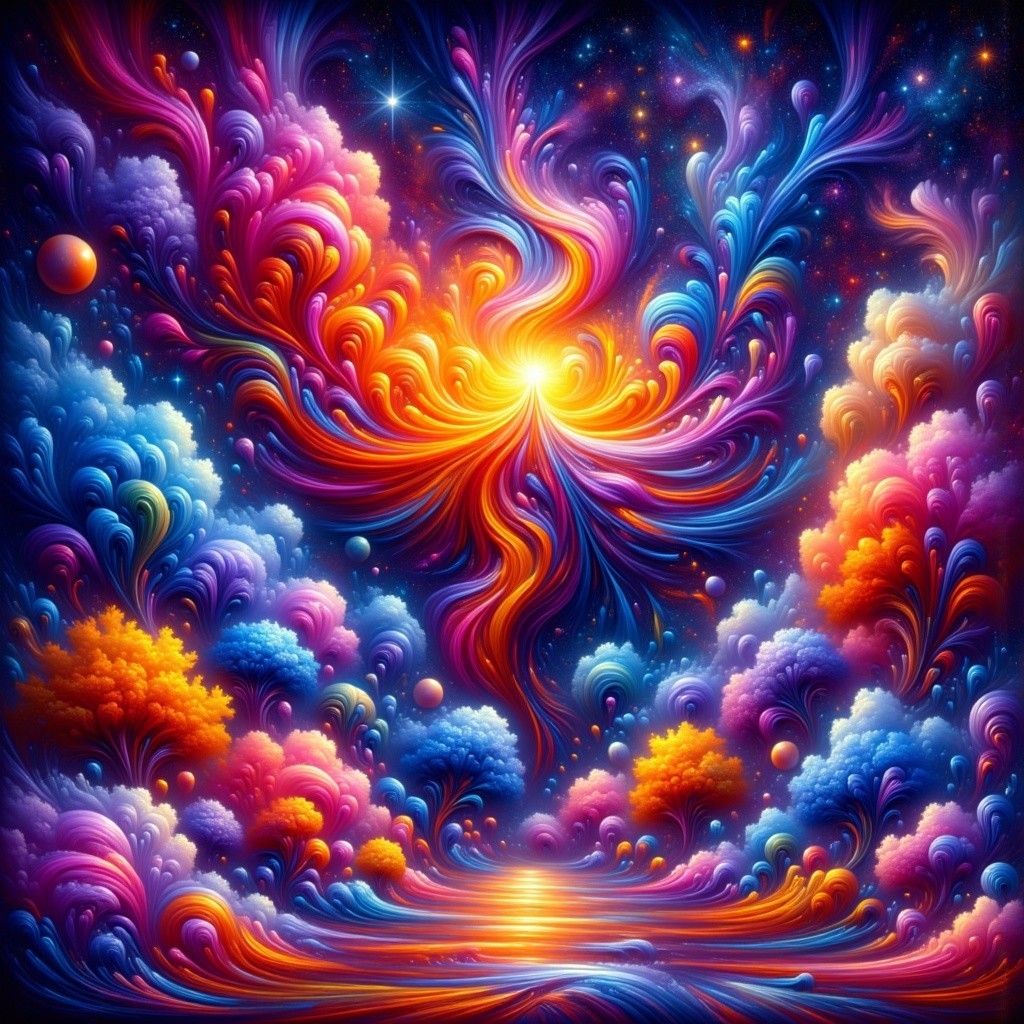 Vibrant Cosmic Scene with Colorful Patterns and Sun