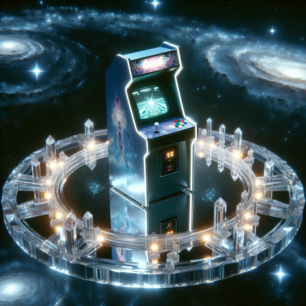 Retro Arcade Machine in Cosmic Scene with Crystals
