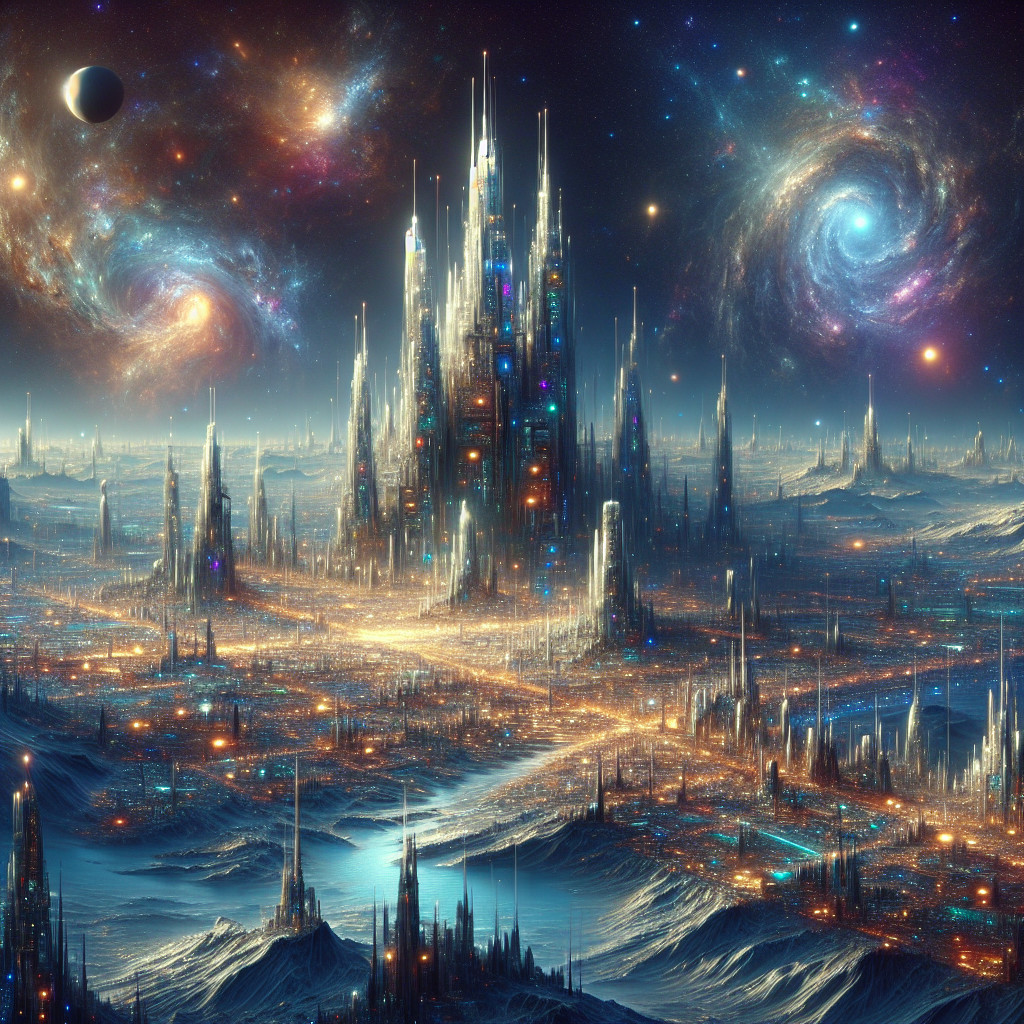 Futuristic cityscape in a cosmic landscape setting