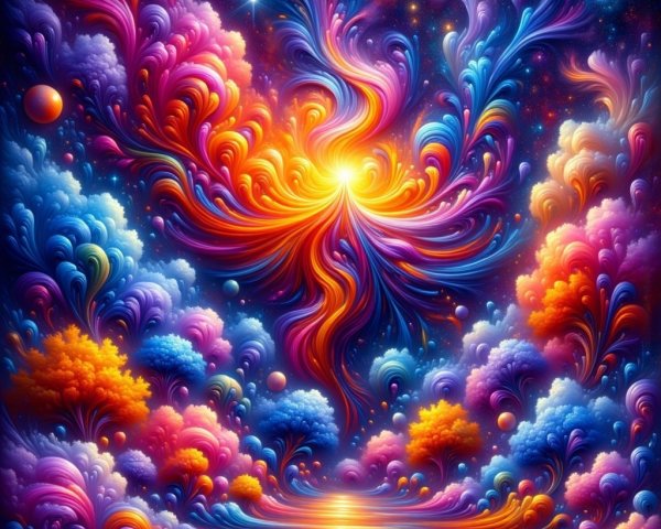 Vibrant Cosmic Scene with Colorful Patterns and Sun