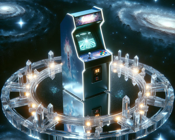 Retro Arcade Machine in Cosmic Scene with Crystals
