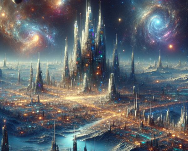 Futuristic cityscape in a cosmic landscape setting