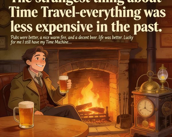 Man in Trench Coat by Fireplace with Steampunk Time Machine