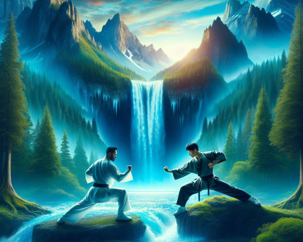 Martial Artists Duel Near Vibrant Waterfall Landscape