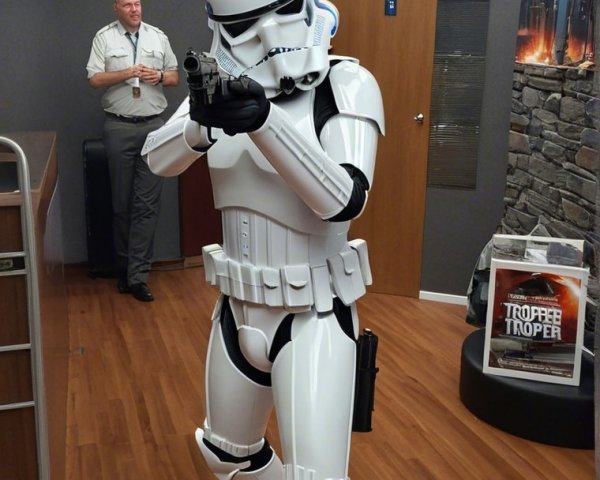 Stormtrooper in Office Setting with Blaster Pose