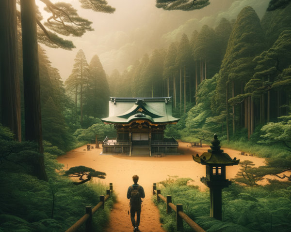 Serene Forest Temple with Towering Trees and Lanterns