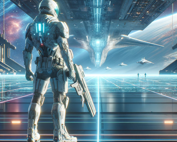 Futuristic Robotic Soldier on Illuminated Platform