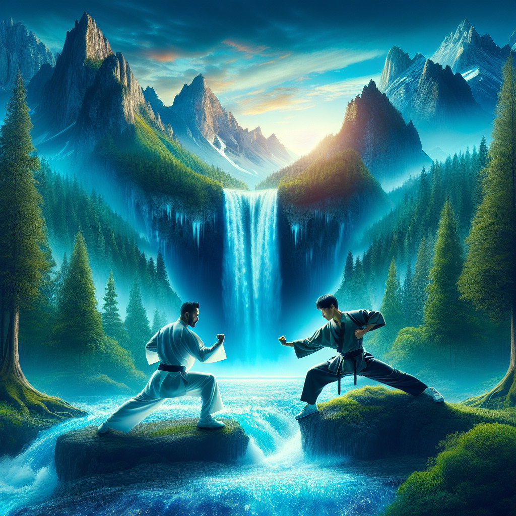 Martial Artists Duel Near Vibrant Waterfall Landscape