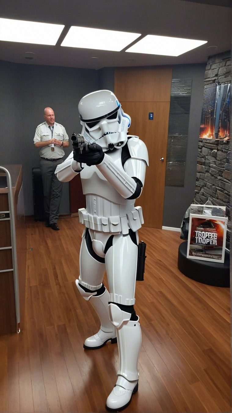Stormtrooper in Office Setting with Blaster Pose