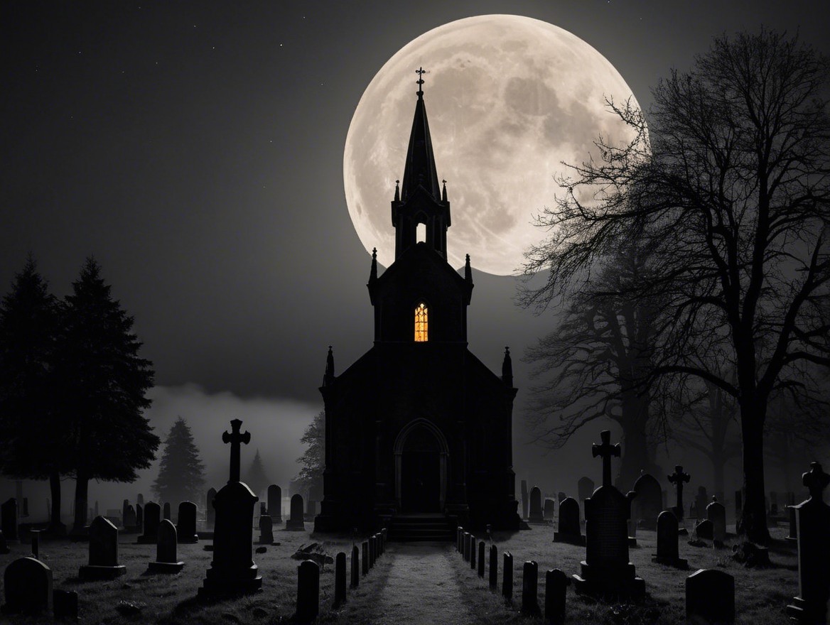 Gothic Church Silhouette Against Full Moon and Cemetery