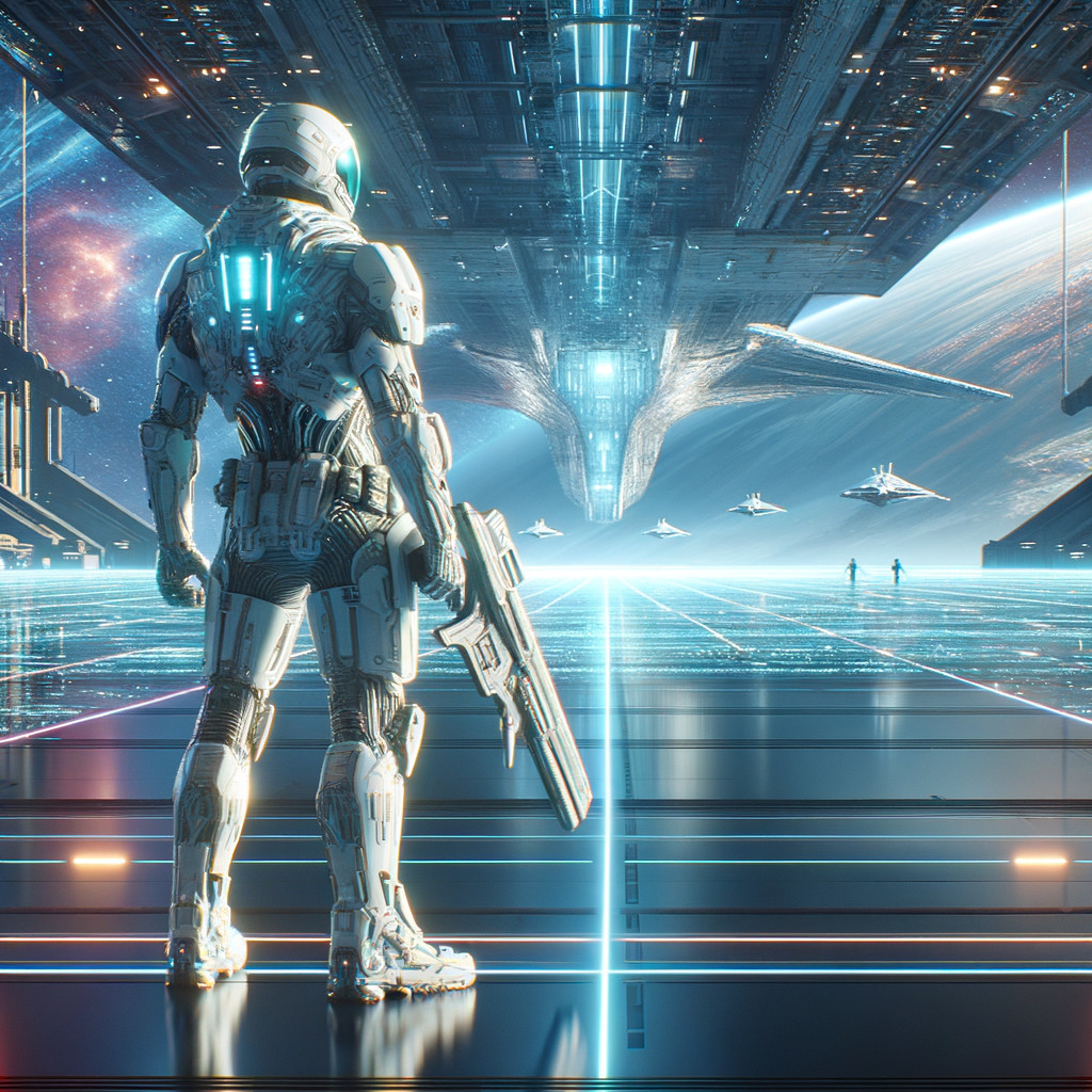 Futuristic Robotic Soldier on Illuminated Platform
