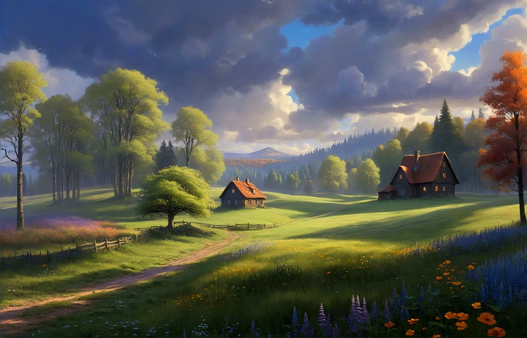 Serene Landscape with Cottages and Vibrant Nature