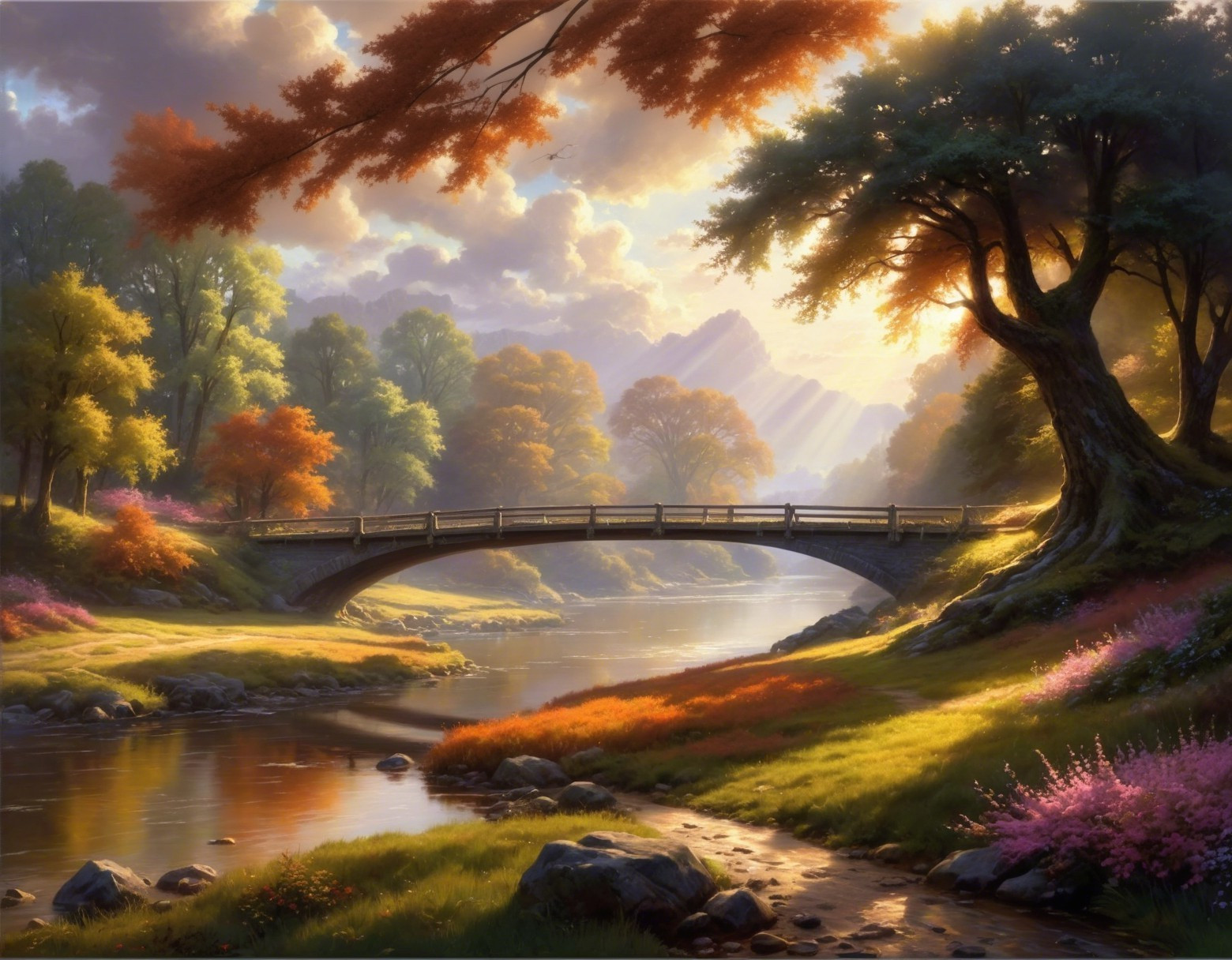 Charming Stone Bridge Over Autumn River Landscape