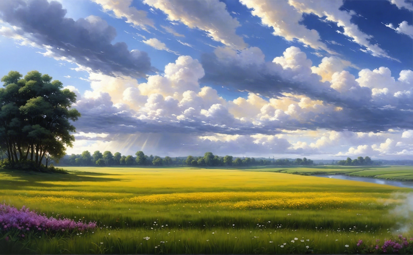 Serene Landscape with Golden Grass and Wildflowers