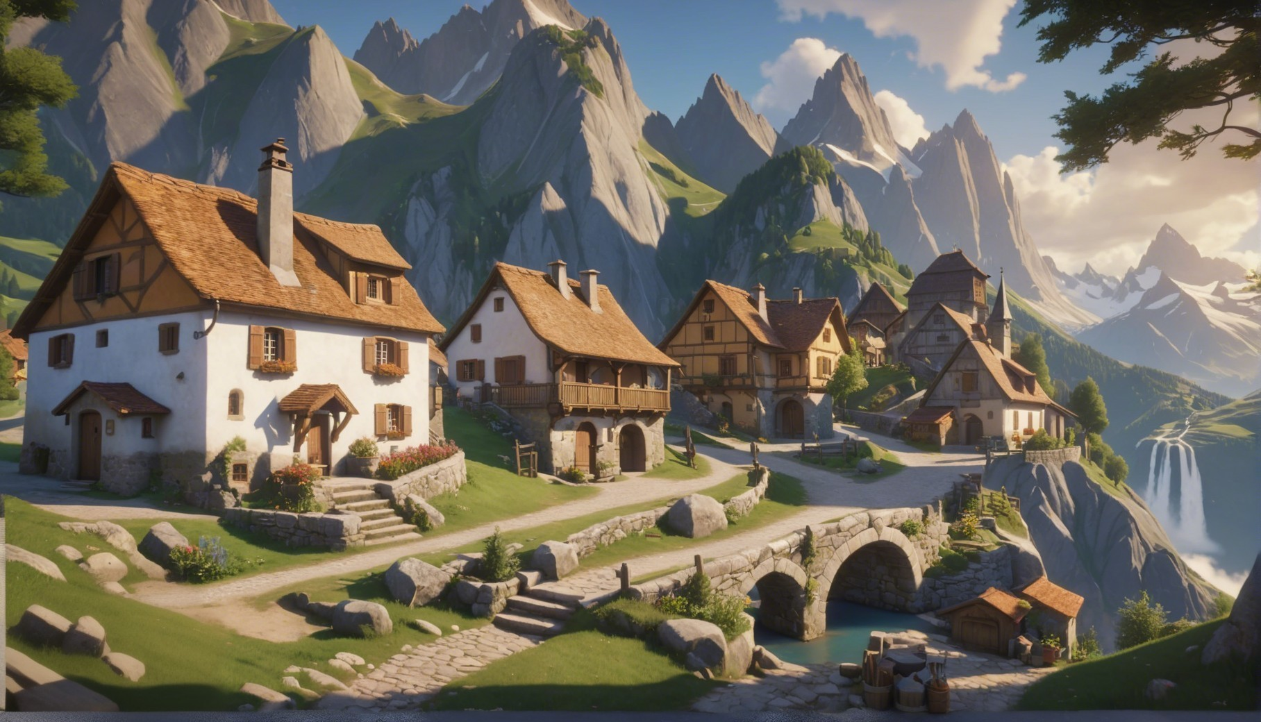 Picturesque Village Surrounded by Majestic Mountains