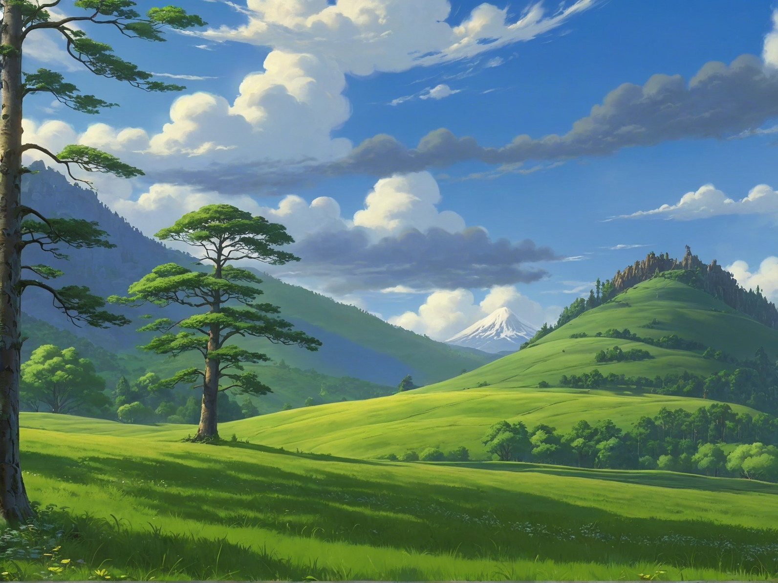 Serene Landscape with Green Hills and Distant Mountains