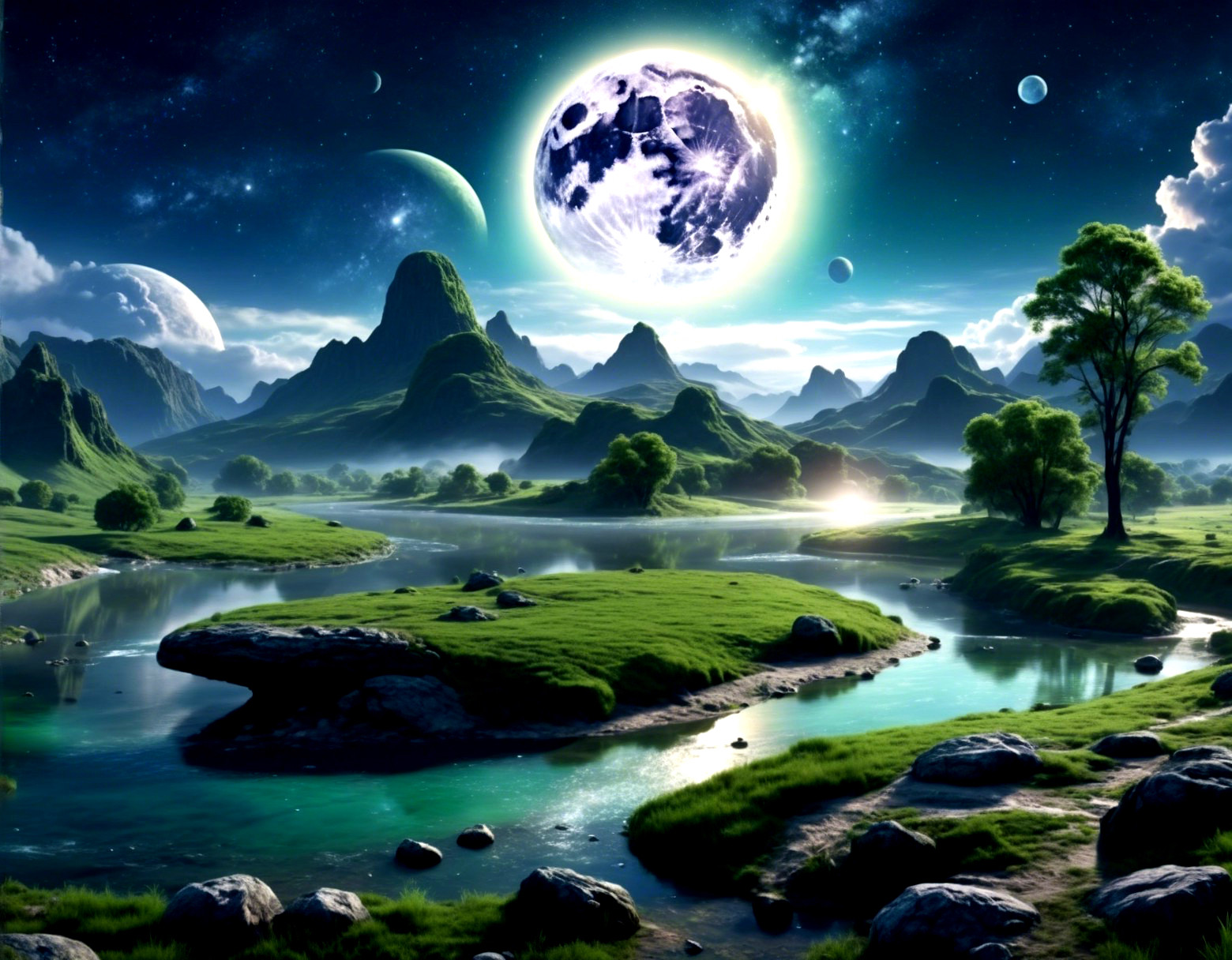 Extraterrestrial Landscape with River and Celestial Bodies