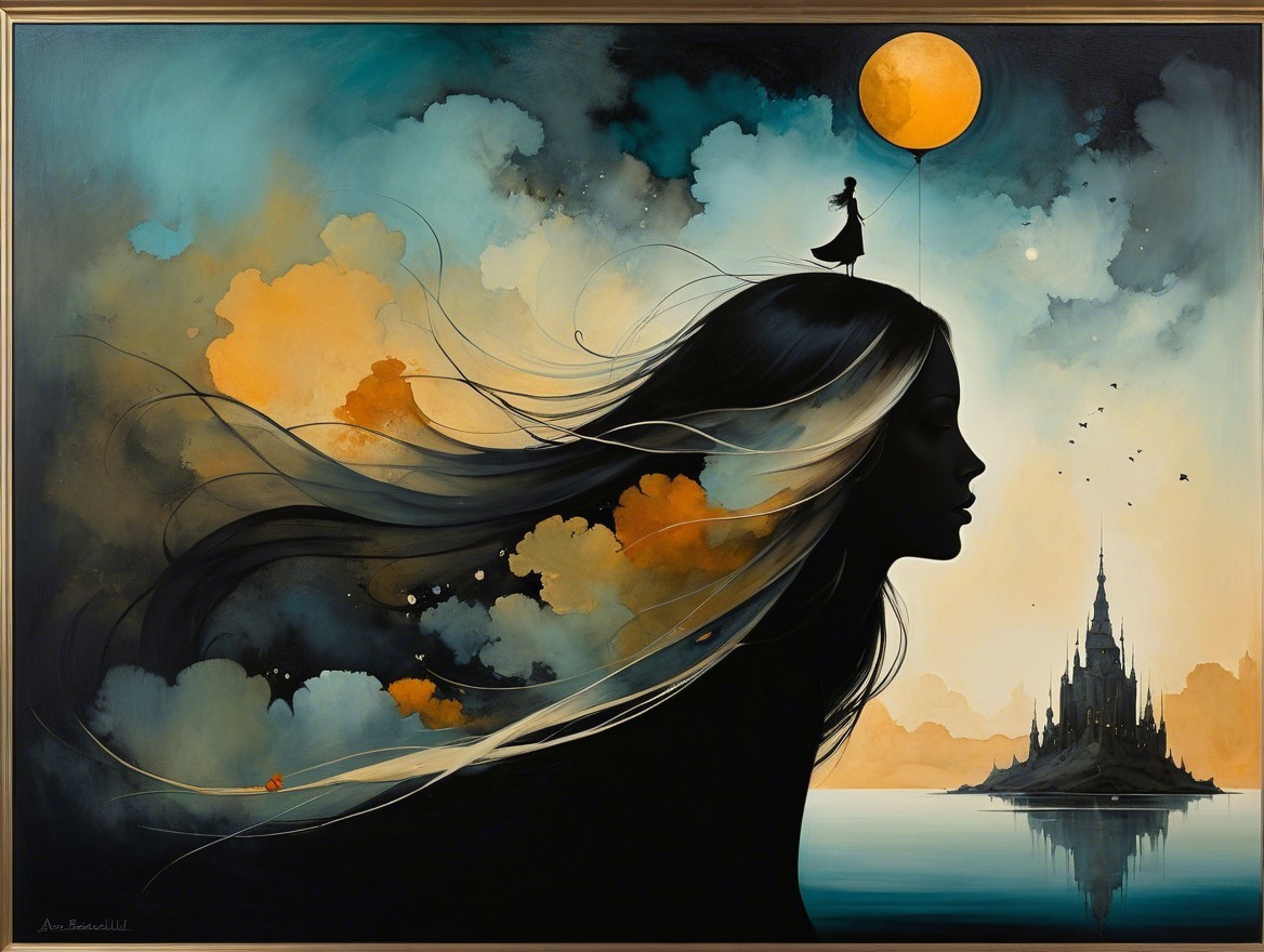 Silhouette of Woman with Dreamy Sky and Castle
