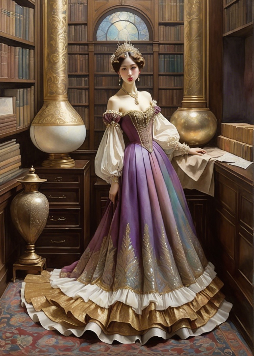 Elegant Woman in Lavish Library with Gown and Tiara