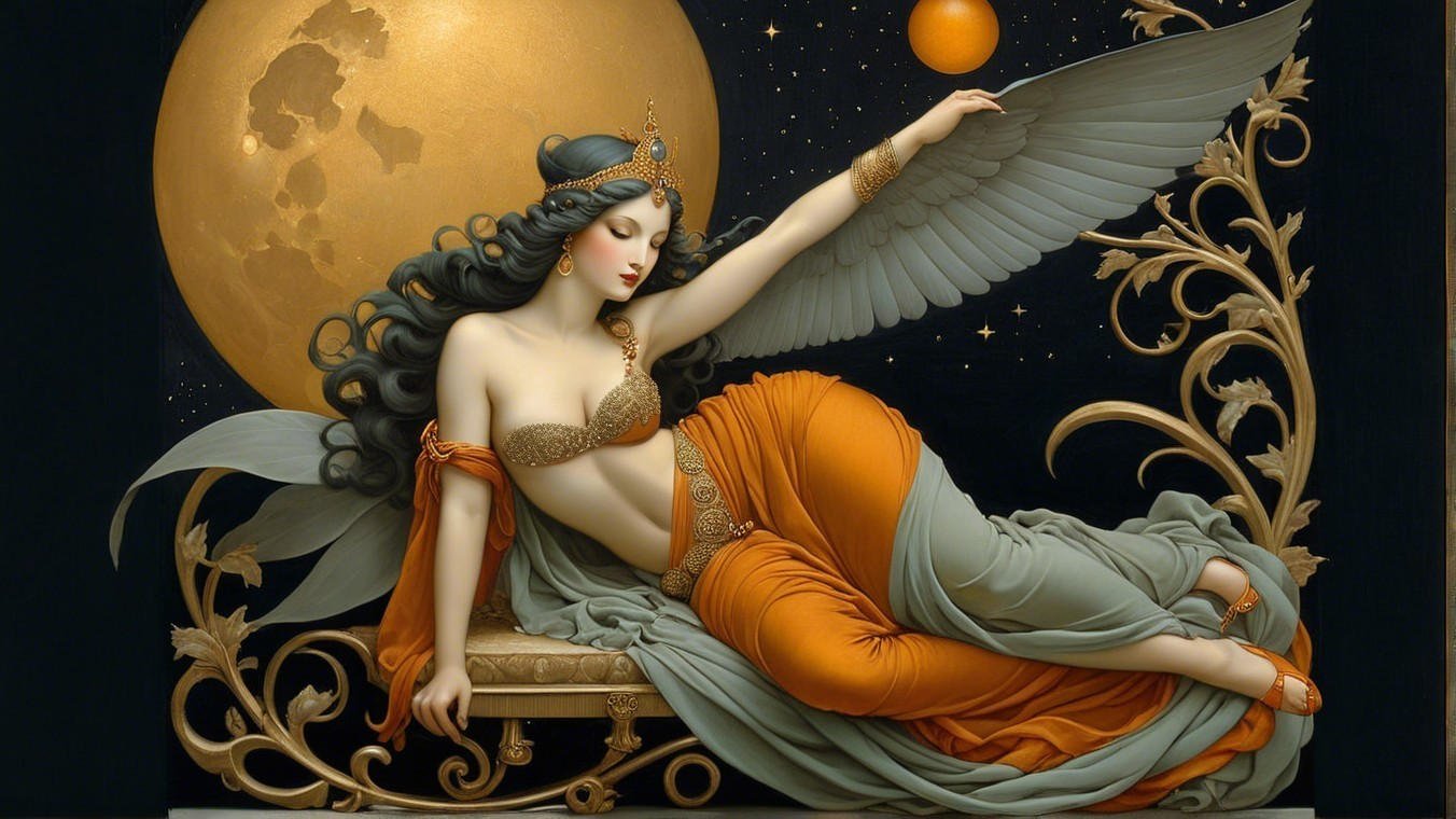 Celestial Figure on Bench Under Starry Night Sky