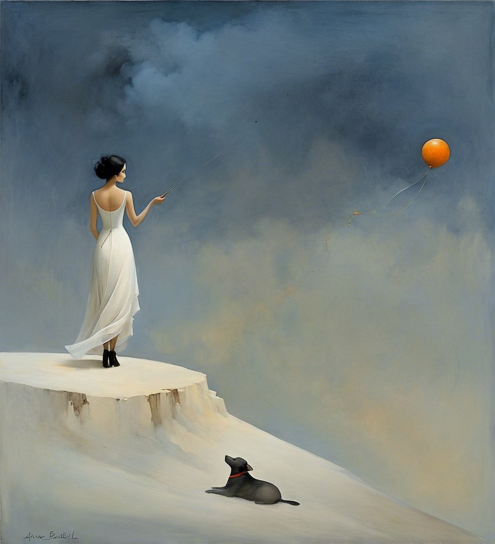 Woman in White Dress with Balloon on Cliffside