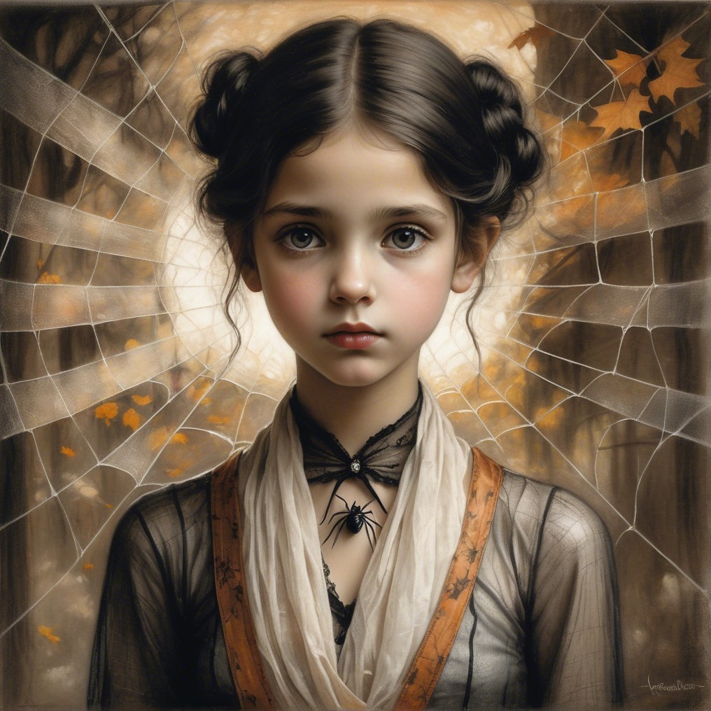 Young girl in vintage dress with spider necklace