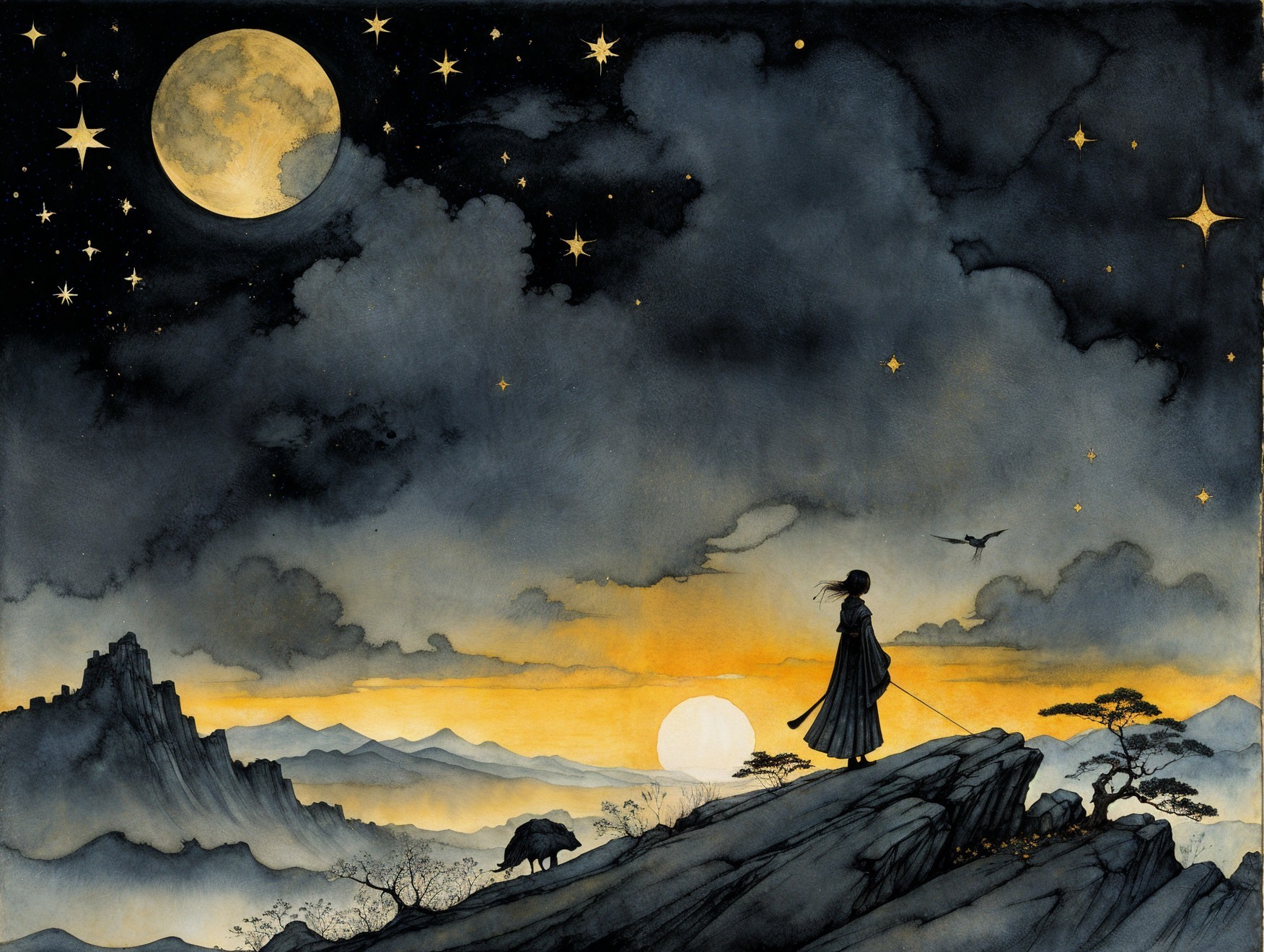 Serene Landscape with Starry Sky and Moonlit Horizon