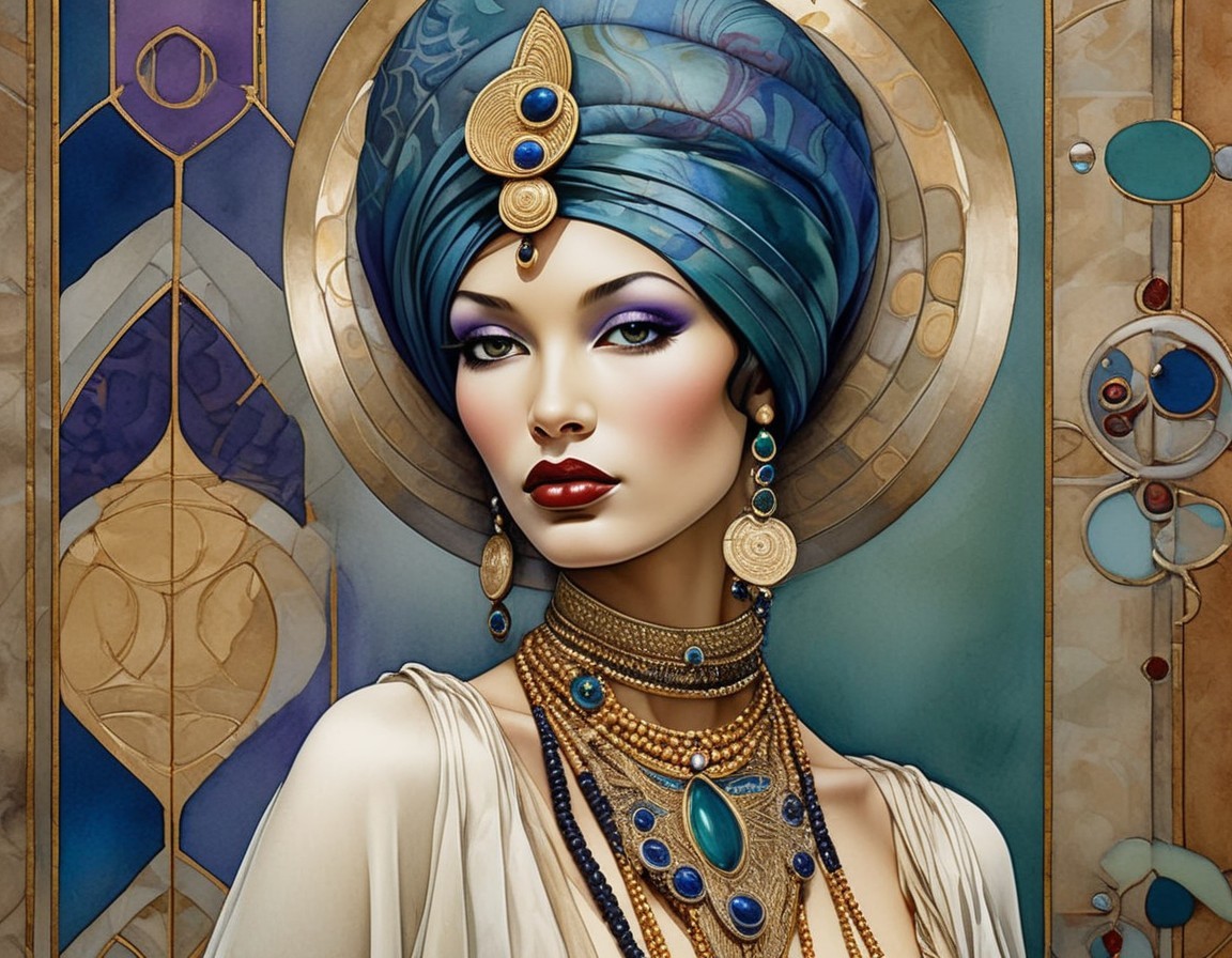 Woman in Blue Turban with Dramatic Makeup and Ornaments