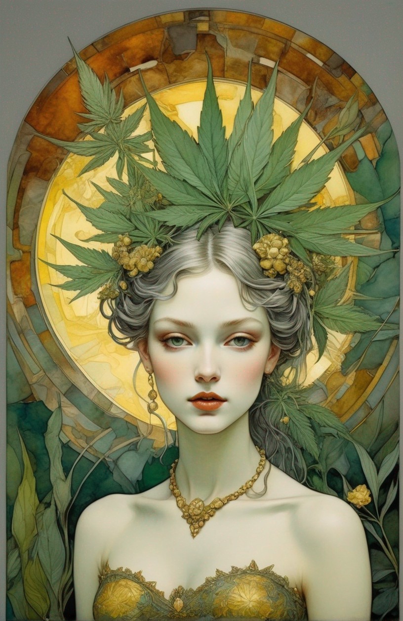 Pale-skinned woman with grey eyes wearing cannabis crown against stained-glass backdrop