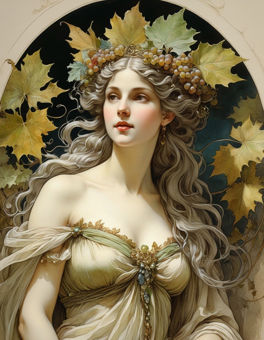 Woman with Grapevine and Leaves in Hair, Wearing Flowing Gown