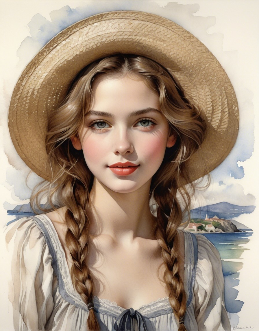 Young girl in straw hat by serene water backdrop