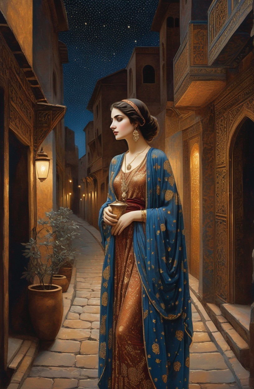 Elegant Woman in Adorned Dress in Dusk Alleyway