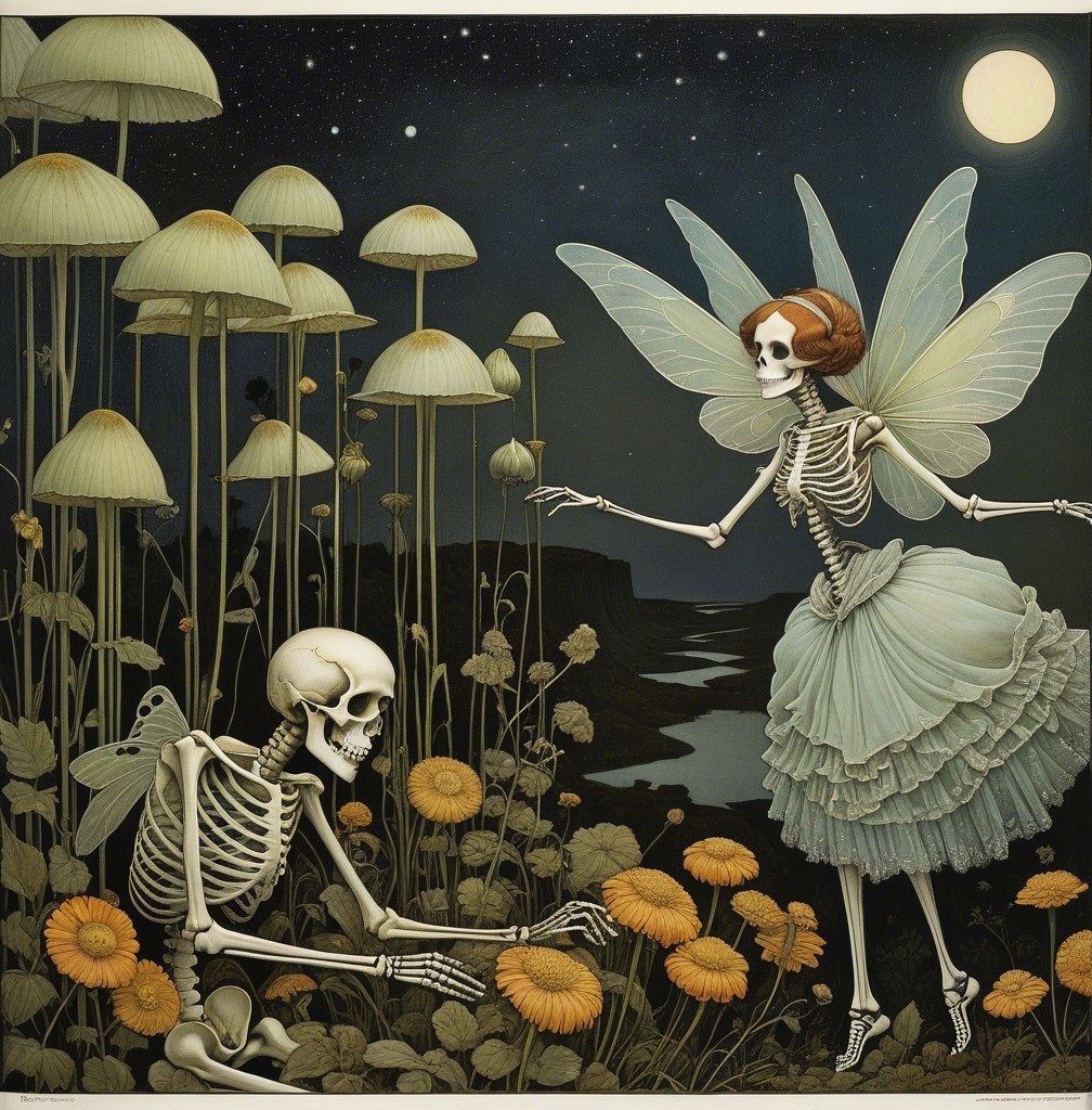 Skeletal Fairy and Skeleton in Moonlit Garden Scene