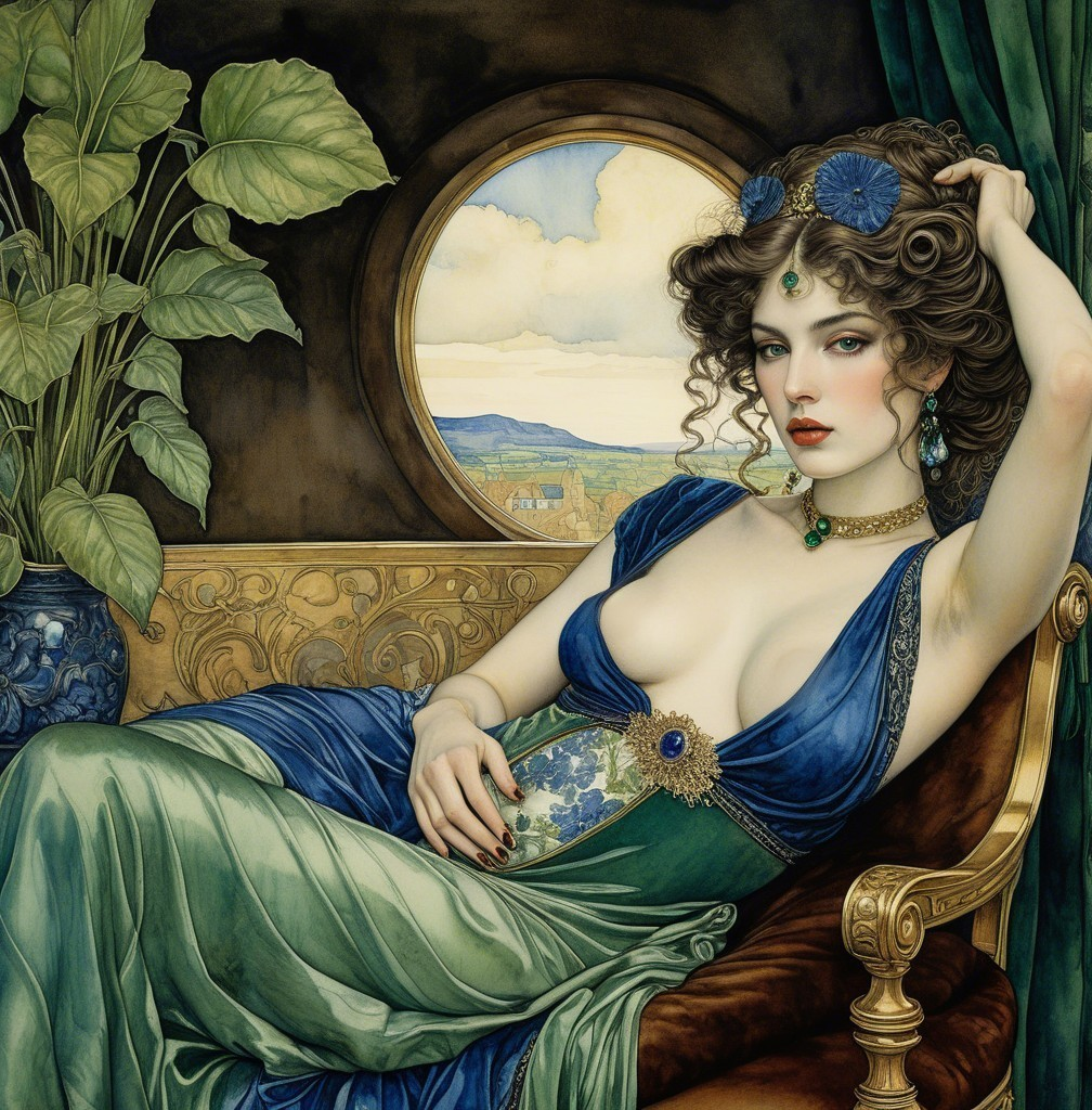 Elegant Woman in Ornate Chair with Scenic Background