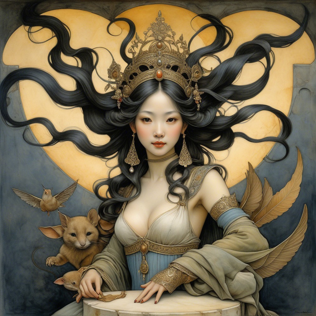 Regal Woman with Crown Surrounded by Playful Animals