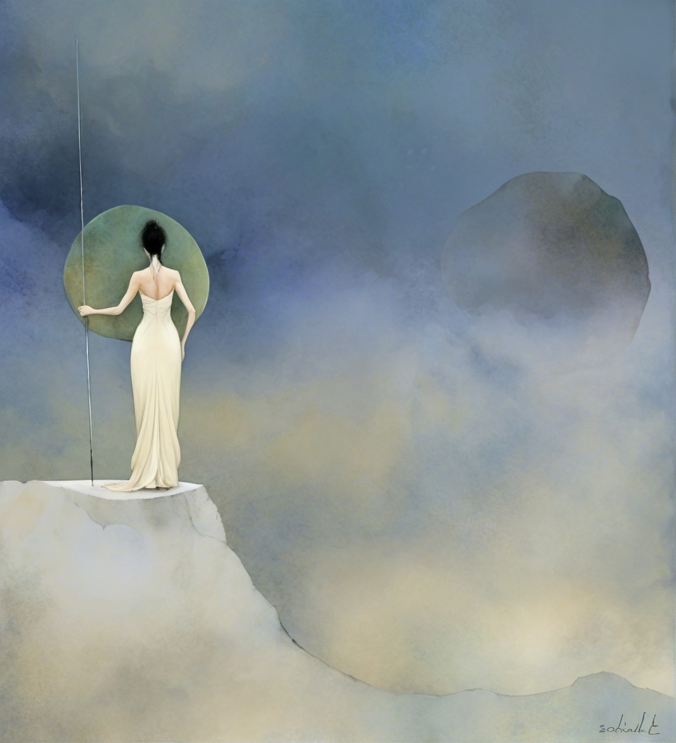Solitary Figure on Cliff in Dreamlike Landscape