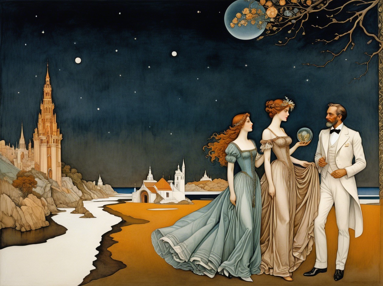 Art Nouveau Watercolor of Figures by a Glowing Orb