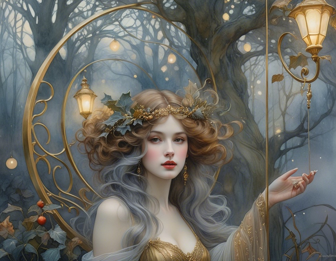 Ethereal Woman in Golden Gown in Twilight Forest