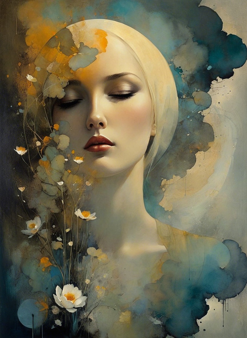 Serene Woman Surrounded by Flowers and Abstract Shapes