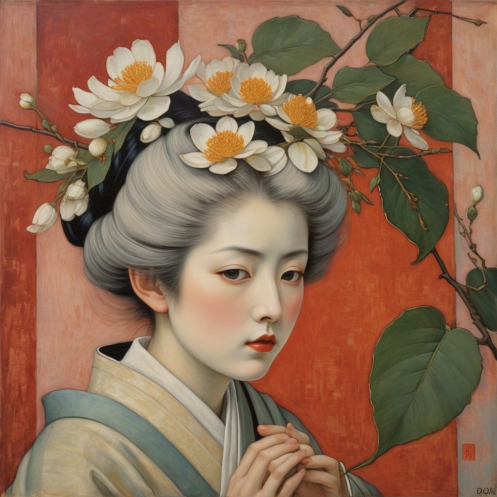 Young woman with gray hair and floral crown in red背景