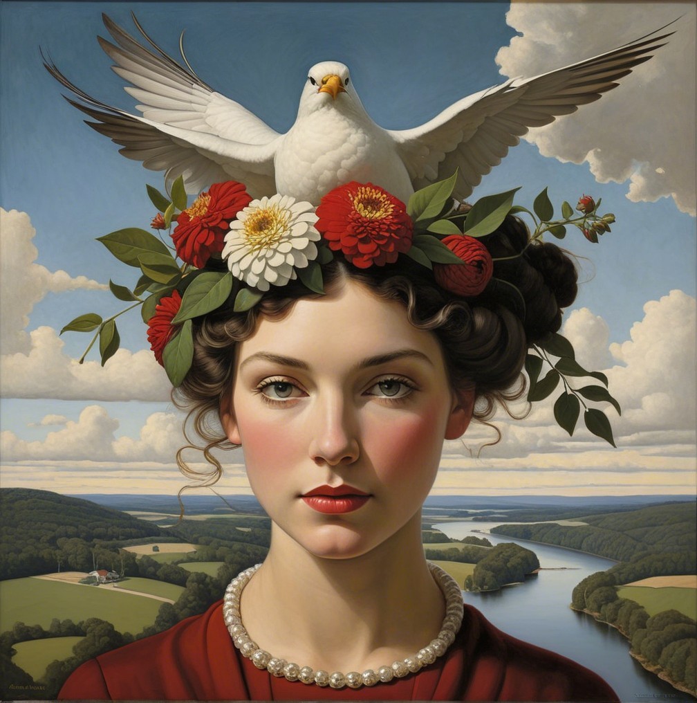 Young Woman with Floral Crown and Dove in Landscape