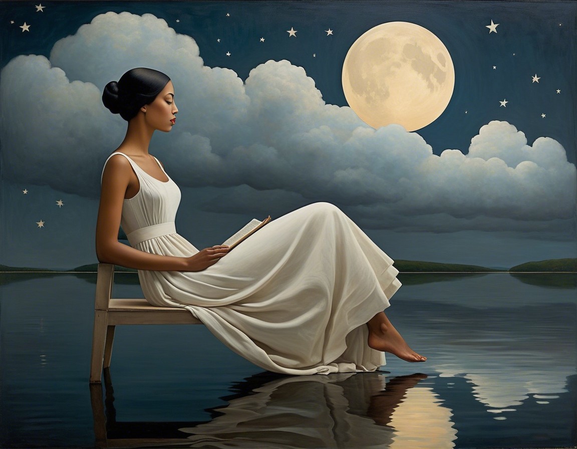 Woman in White Dress Reading by Calm Waters at Night