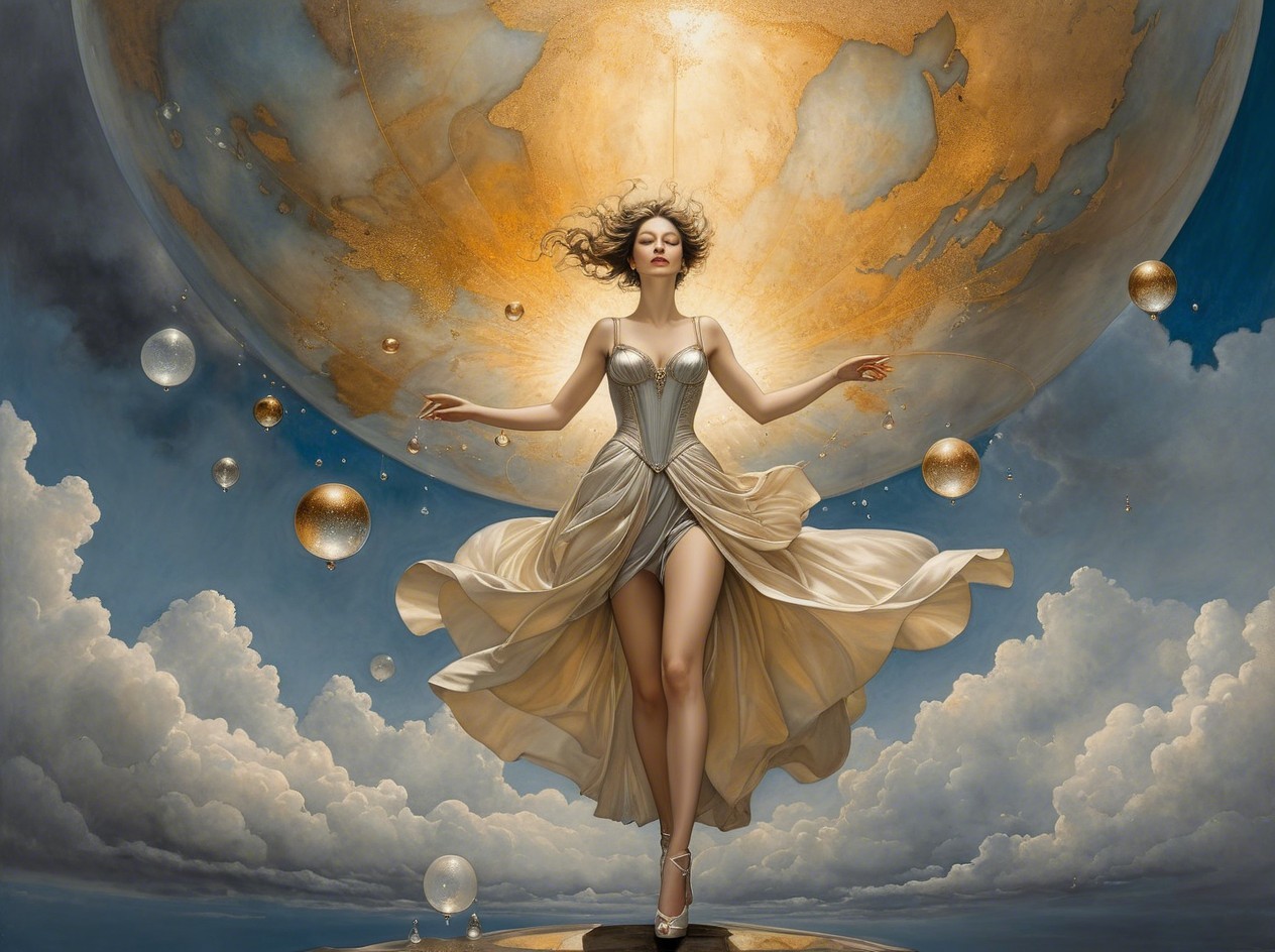 Ethereal Woman in Cream Gown with Golden Planet