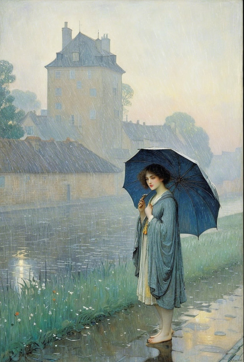 Woman with blue umbrella by tranquil river in rain