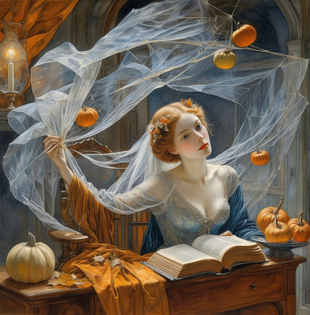 Cozy Autumn Scene with Woman, Pumpkins, and Leaves